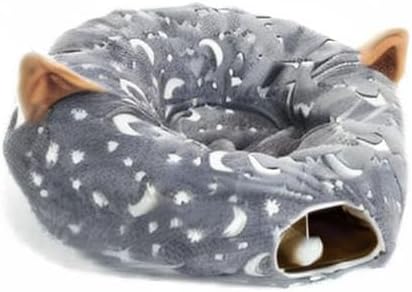 LUCKITTY Cat Tunnel Bed Under Christmas Tree with Plush Ball Toy Playground Crinkle Collapsible Self-Luminous Flannel Fabric 3FT for Large Cats Kittens Kitty Small Animals Puppy Grey Moon Star