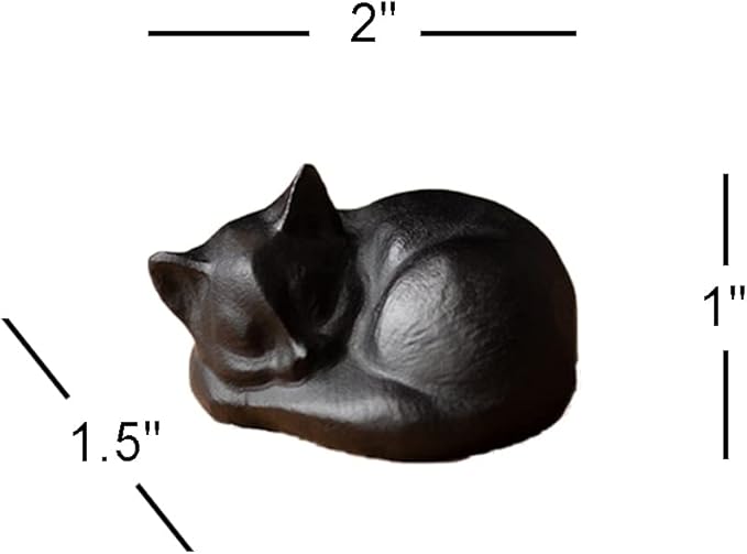 OwMell Tiny Sleeping Cat Statue Hand-Carved Healing Stone Gemstone Little Kitten Statue Figurine 2" - Black Obsidian