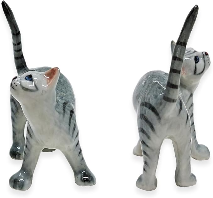 WitnyStore Tiny 2¼" Gray Tabby Shorthair Cat Standing Look Up Figurine - Miniature Hand Made Painted Ceramic Cats Kitten Feline Animal Cute Porcelain Decorative Collectible Figurines Décor Gifts