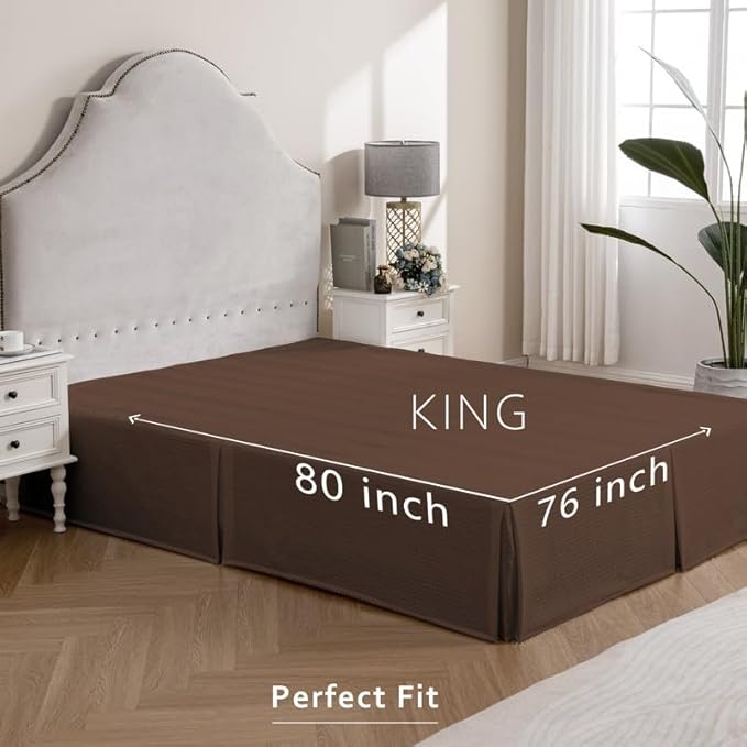 MIYE Pleated Waffle Weave Bed Skirt, Tailored Dust Ruffle 14 Inch Drop Easy Fit, Machine Washable (Brown, King - 14" Drop)