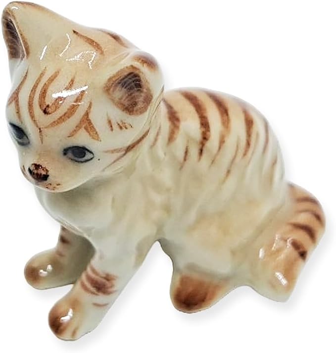 WitnyStore Tiny 1⅛" Light Brown Tabby Shorthair Cat Sitting Look Left Figurine - Miniature Hand Made Painted Ceramic Cats Kitten Feline Animal Cute Porcelain Decorative Collectible Figures Décor Gifts