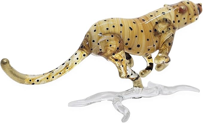 WitnyStore Tiny 6" Brown Running Cheetah Leopard Jaguar - Miniature Hand Blown Painted Glass Panthera Feline Wild Cats Small Crystal Wildlife Animal Decorative Figure Collectible Figurines Décor Gifts