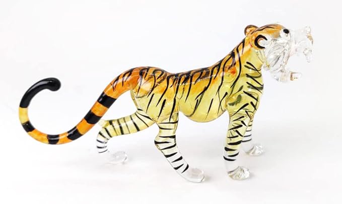 WitnyStore Tiny 3¾" Long Yellow Black Standing Tiger Roaring Figurine - Miniature Hand Blown Painted Glass Panthera Wild Cat Small Crystal Wildlife Animals Decorative Collectible Figurines Décor Gifts