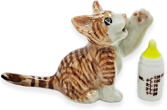 WitnyStore Tiny 1½" Brown White Tabby Shorthair Cat Drinking Baby Bottle Figurine - Miniature Hand Made Painted Ceramic Cats Kitten Animal Cute Porcelain Decorative Collectible Figurines Décor Gifts