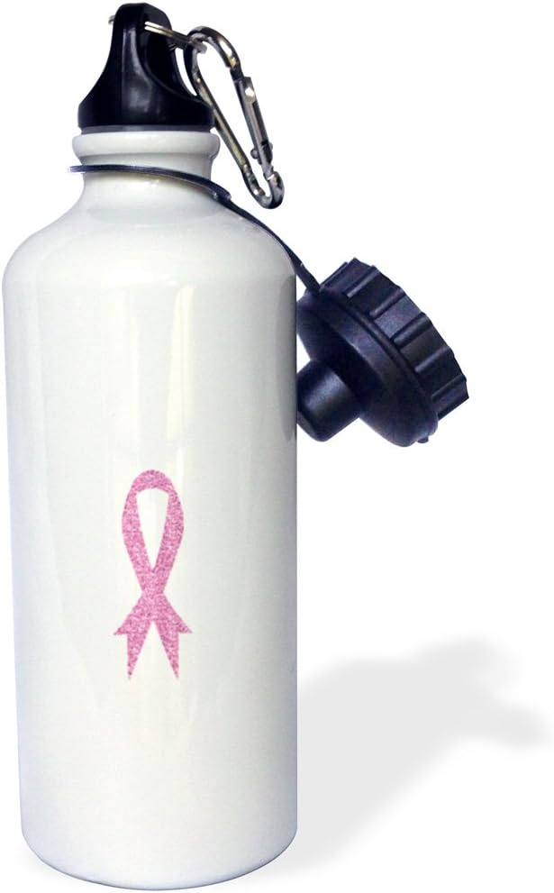 3dRose "Glitter Pink Ribbon Breast Cancer Awareness" Sports Water Bottle, 21 oz, White