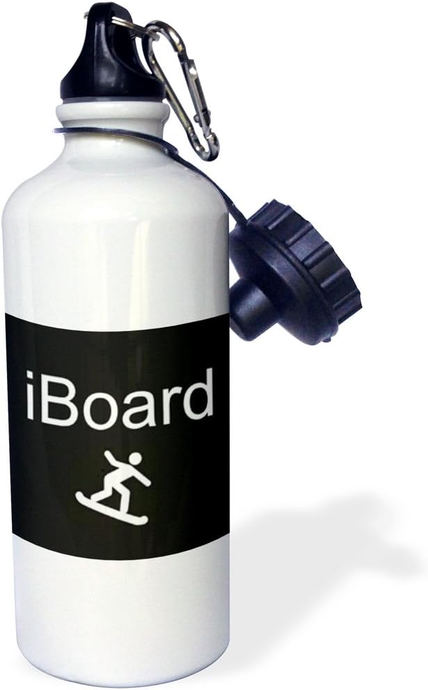 3dRose Inboard, iBoard, white lettering on black background with picture of snowboarder-Sports Water Bottle, 21oz , Multicolored