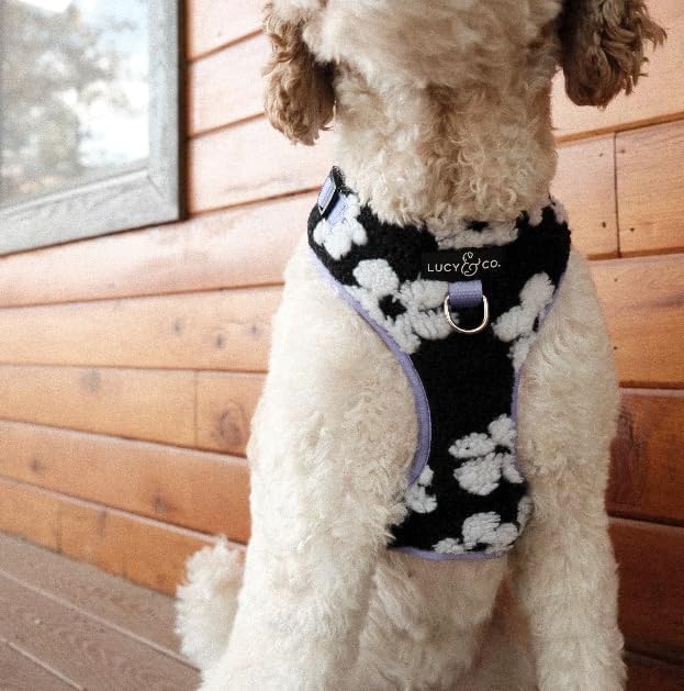 Lucy & Co. The Far Out No-Pull Dog Harness for Dogs – Comfortable Leash Training Product w/Adjustable Chest & Neck Straps - Black Purple Floral Teddy Fleece - X-Large