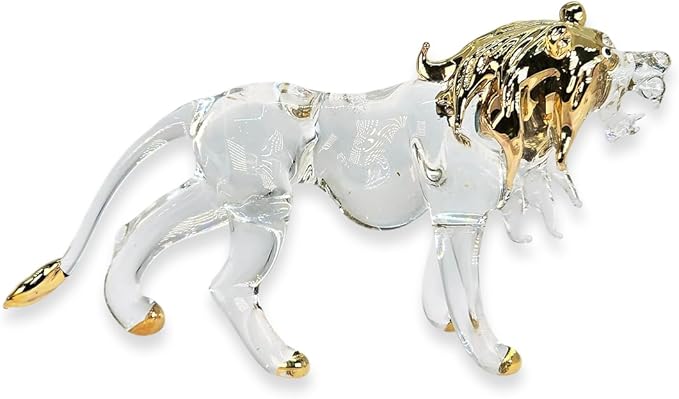 WitnyStore Tiny 5" Long Clear Gold Standing Lion Roaring Figurine - Miniature Hand Blown Painted Glass Panthera Wild Cat Small Crystal Wildlife Animals Decorative Collectible Figurines Décor Gifts