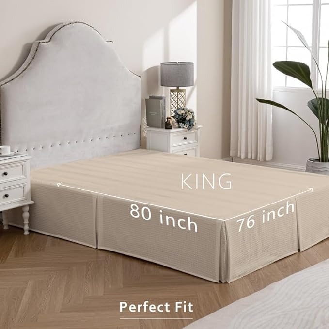 MIYE Pleated Waffle Weave Bed Skirt, Tailored Dust Ruffle 16 Inch Drop Easy Fit, Machine Washable (Cream, King - 16" Drop)