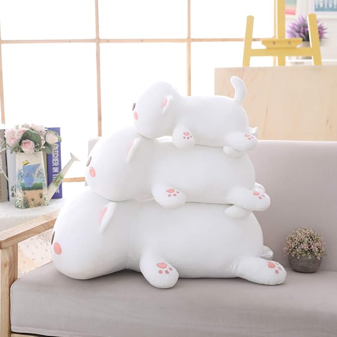 Cat Plush Hugging Pillow, Soft Cat Stuffed Animals Kawaii Kitten Plush Toy Gifts for Kids (White Round Eyes, 19.6")