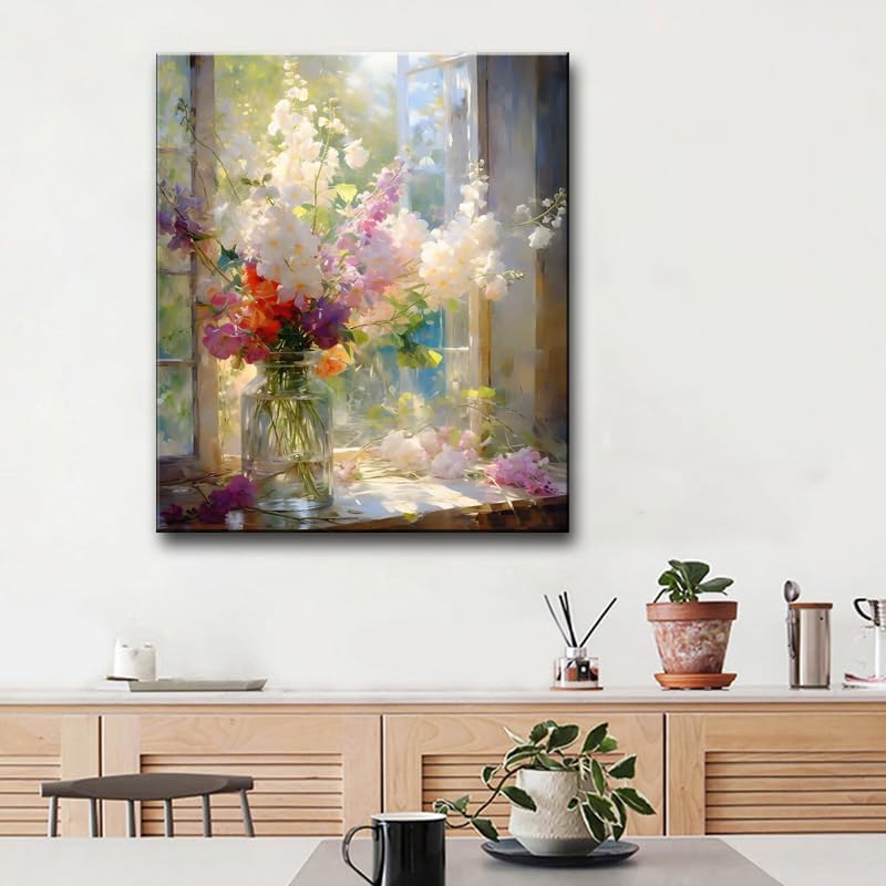 Colorful Flower Framed Canvas Wall Art, Watercolor Floral Bathroom Wall Decor, Spring Nature Wall Painting, Multicolor Botanical Art Print for Living Room, Bedroom, Office - 12X15