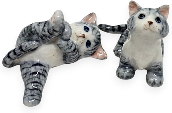 WitnyStore Tiny 1½" Gray White Tabby Shorthair Cat Sitting Look Up Figurine - Miniature Hand Made Painted Ceramic Cats Kitten Feline Animals Cute Porcelain Decorative Collectible Figures Décor Gifts