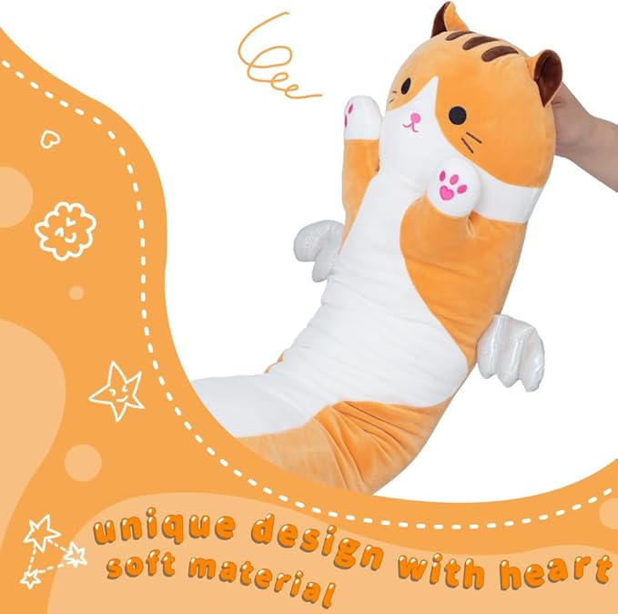 Long Cat Plush Body Pillow, Cute Cat Plush Toy Pillows with Wings, Stuffed Animals Kitten Soft Plushies Gifts for Kids Girls Girlfriend(Yellow, 19.6in/50cm)