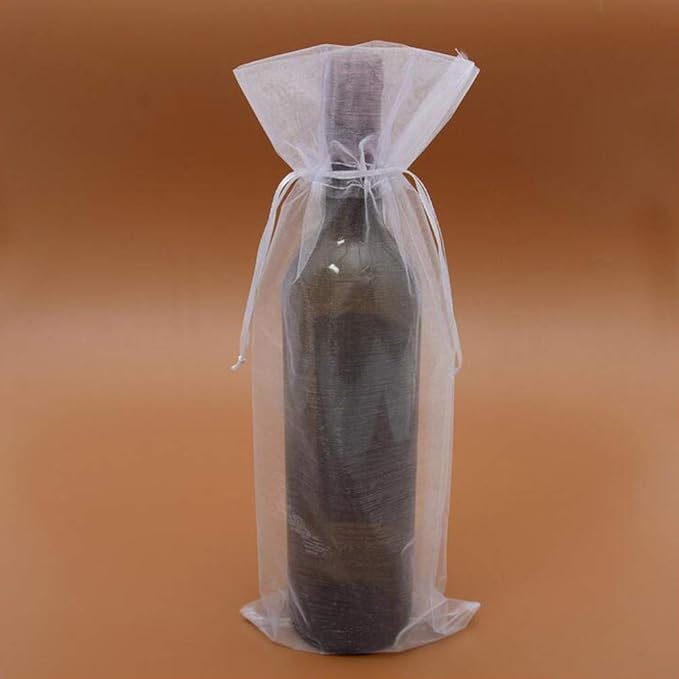 50 Pieces Organza Wine Bags Drawstring Organza Bags Reusable Simple Bottle Wrap Dresses Festive Packaging Bags 5.7 x 14.5 Inch for Decoration Storefront Display Gift Bags Party Favors White