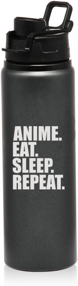 MIP Brand 25 oz Aluminum Sports Water Travel Bottle Anime Eat Sleep Repeat (Charcoal)