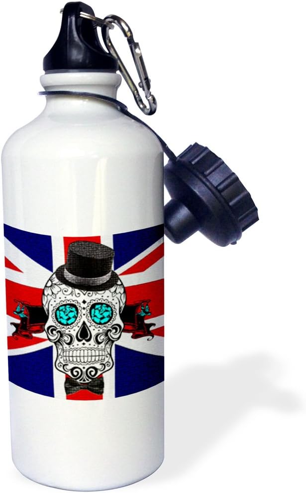 3dRose Sugar Skull, Flag of England, Day of The Dead, Hat and Bow Sports Water Bottle, 21Oz, Multicolored