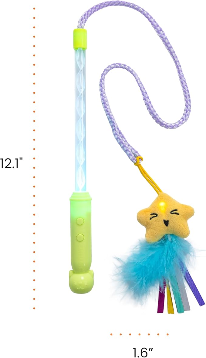 Catstages Twinkle Star Light Up Cat Wand Toy with LED Color-Changing Lights, Feathers & Ribbon Plush Star Attachment, Interactive Flirt Pole for Indoor Cats & Kittens
