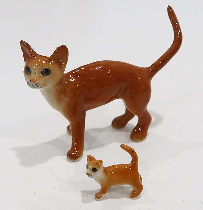 Ceramic Burmese Cat Mom and Baby Kitten Figurine Pet Kitty Porcelain Collectible Miniatures Dollhouse Hand Painted Animal Red Brown, 2.1 x 0.9 x 2 inches (L-W-H)