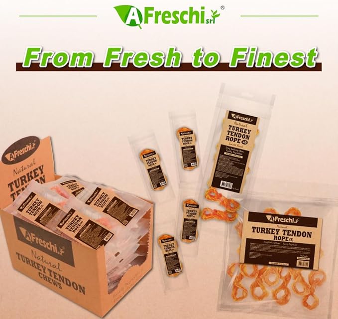 AFreschi Turkey Tendons for Dogs, USA-Sourced, Healthy Dog Treats, Rawhide-Free Puppy Chews, Long Lasting, All Natural, Hypoallergenic Dog Treats for Small Breeds, 4 Count Pack Rope (S)