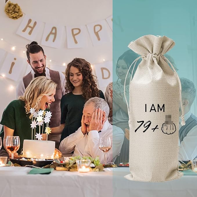 79 + 1 Middle Finger 80th Birthday Gift Wine Bags, Personalized Bday Gift Ideas for Men Women, 80th Birthday Party Decorations, Cotton Burlap Drawstring Wine Bag, Funny Gifts for Mom Dad Friends
