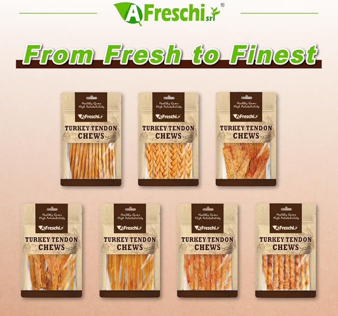 AFreschi Turkey Tendons for Dogs, USA-Sourced, Healthy Dog Treats, Rawhide-Free Puppy Chews, All Natural, Hypoallergenic Dog Treats, Classic Series, Soft Strips, 3.5 oz Pack