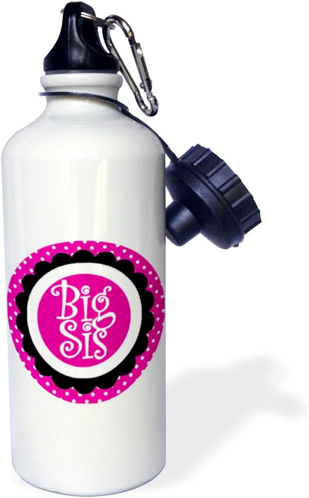 3dRose "Big Sis Sister Pink Scallop And Polka Dots Circle Family Design" Sports Water Bottle, 21 oz, White
