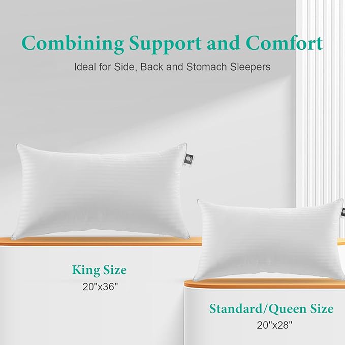 APSMILE 2-in-1 Assembleable Goose Feathers Down Pillow for Sleeping, Standard/Queen Size Soft-Medium-Firm Adjustable Bed Pillow Insert for Stomach, Back or Side Sleepers, 20x28