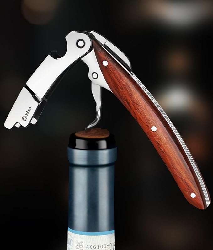 Wine Key - CORKAS Prestige Waiter Corkscrew with Rosewood Handle, Handcrafted Wine Opener Manual with Double Hinged, Foil Cutter and Bottle Opener, Ideal Gifts for Sommelier, Bartenders, Servers