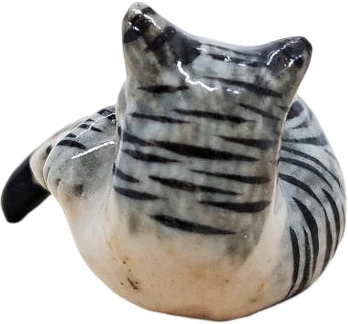 WitnyStore Tiny 1⅜" Gray White Tabby Shorthair Cat Lying Look Back Hang Tail Figurine - Miniature Hand Made Ceramic Cats Kitten Feline Animal Cute Porcelain Decorative Collectible Figures Décor Gifts