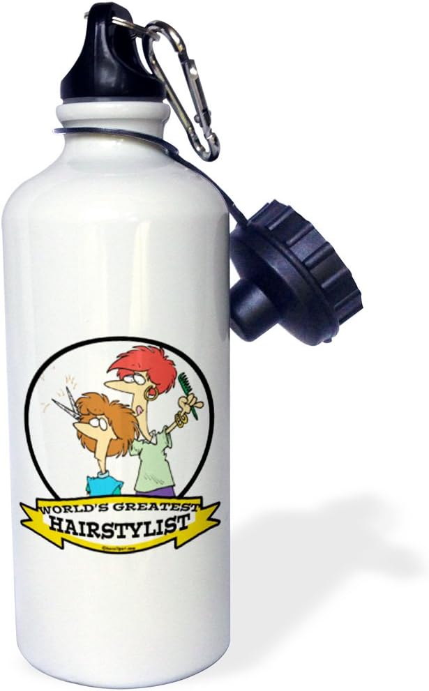 3dRose "Funny Worlds Greatest Hairstylist Cartoon" Sports Water Bottle, 21 oz, White