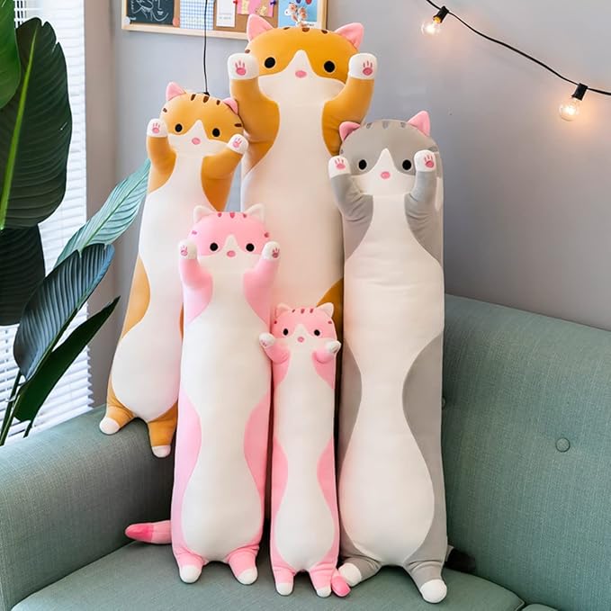 Long Pink Cat Plush Pillow Toy Sleeping Pillow Cute Cartoon Cat Stuffed Animals Soft Long Body Pillow Gift for Kids(19.68in)