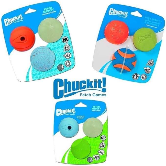 Chuckit Gen 1 Fetch Pack Dog Balls - Interactive Dog Toys, High-Bounce Fetch Ball, Floating Ultra and Rugged Balls, Durable - Size Medium, 2.5-inch Diameter, Set of 3