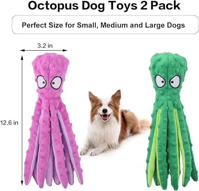 Dog Squeaky Toys Octopus - No Stuffing Crinkle Plush Dog Toys for Puppy Teething, Durable Interactive Dog Chew Toys for Small, Medium and Large Dogs Training and Reduce Boredom, 2 Pack