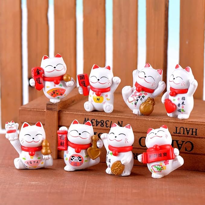 8 Pcs Cute Lucky Cat Figures, Animal Cat Characters Toys Mini Figure Collection Playset, Cat Toys Set Cake Toppers, Plant, Automobile Decoration, Landscape Scenes