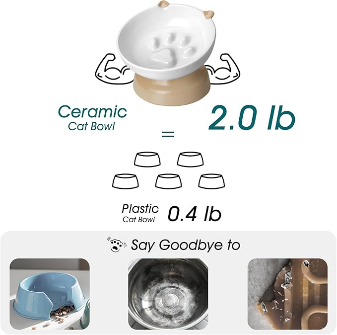 vancasso Raised Slow Feeder Cat Bowls, Ceramic Elevated Cat Bowls Wet Food, Cats Food Bowl Slow Feeder for Indoor Cats (Brown)