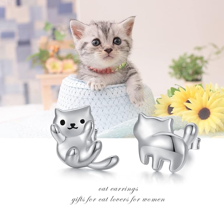 925 Sterling Silver Cat Earrings Cute Animal Kitten Stud Earrings cat Jewelry Gifts for Women Girls Hypoallergenic Earrings for Sensitive Ears