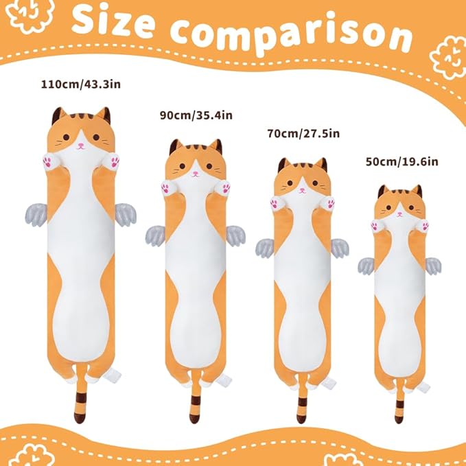 Cute Cat Plush Pillow, Yellow Long Cat Stuffed Animals Soft Long Kitten Plushies Kawaii Cat Stuffed Plush Toy for Kids Girlfriend(50cm/19.6inch)