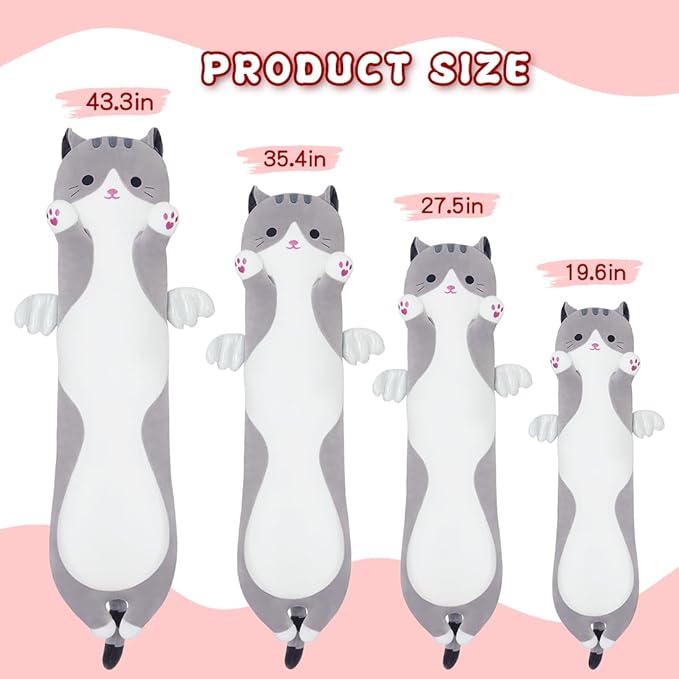 Long Plush Toy Cat Pillow Cute Plush Cat Toy Doll Stuffed Animal Cat Hugging Pillow for Sleeping Gift for Kids and Girls(Gray,50cm/19.6in)