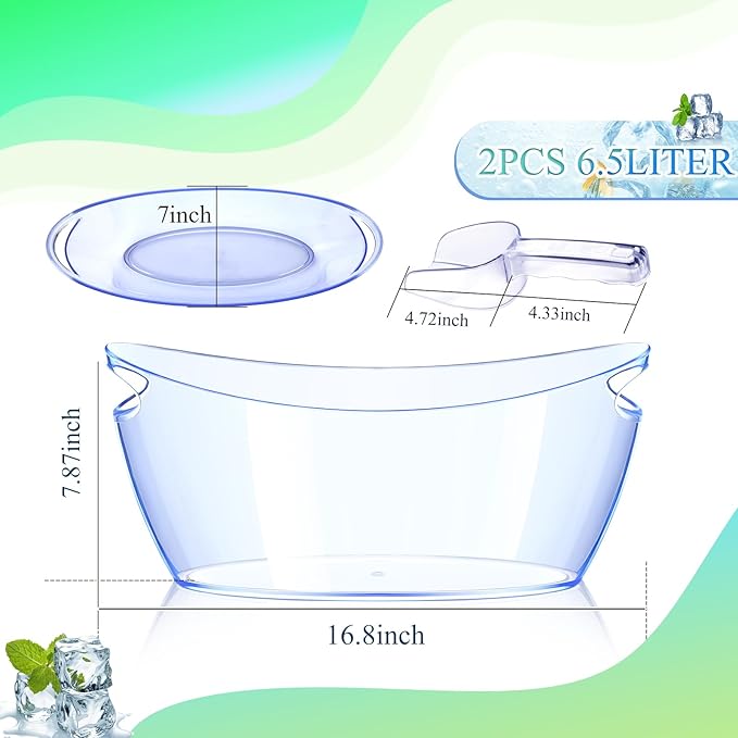 Ice Buckets for Parties, 2 PCS Acrylic Champagne Beverage with 2 Ice Bucket Scoop, Drinks Buckets Tub for Cocktail Bar, Long and Narrow 5.5 Liter Bucket for Chrismas Party(5.5L) (Light Blue)