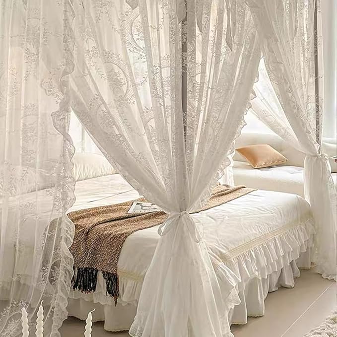 Elegant Lace Princess 4 Corner Post Mosquito Net Romantic for Girls Women Bed Curtain Canopy for Adult Wedding Bedroom Kids Rooms Decoration (Color-A, Queen)