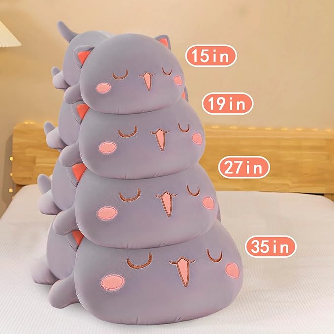 FUYU Cat Stuffed Animals, Soft Cat Plush Pillow Kawaii Kitten Stuffed Animal Toy Gifts for Kids Boys Girls Room Decor (Gray Squinted,19in/50cm)