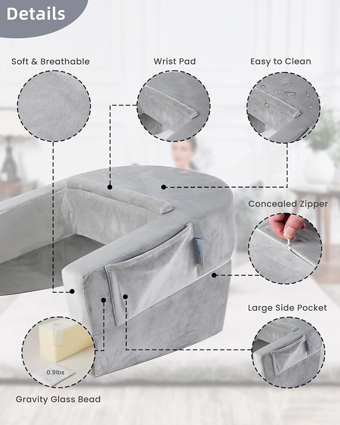 Weighted Idea Reading Pillow for Gaming, Extra Large Arm Rest Pillow for Adult,Lap Desk Pillow Gaming Pillow with 2 Side Pockets for Gaming, Reading, Working Sitting in Bed Floor Sofa (Grey)