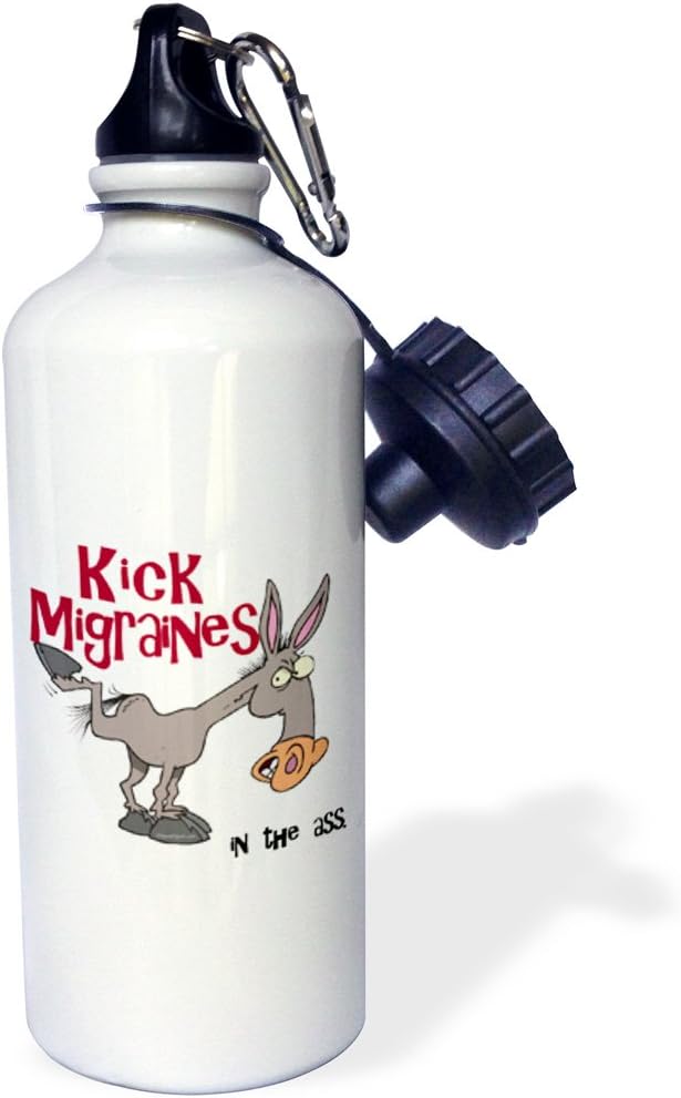 3dRose "Kick Migraines In The Ass Awareness Ribbon Cause Design" Sports Water Bottle, 21 oz, White