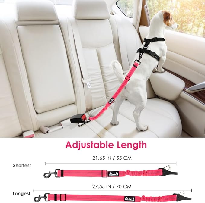 SlowTon 2 Pack Dog Seat Belt, 2 in 1 Attachment, Hook Latch Bar or Seatbelt Buckle with Elastic Nylon Bungee Buffer Adjustable Reflective Nylon Safety Belt Tether Connect to Dog Harness (2pack-FL)