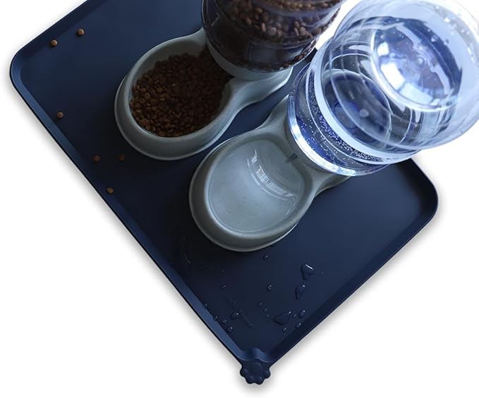 Hoki Found Large Waterproof Silicone Pet Food Mats Tray - Non Slip Pet Bowl Mats Placemat - Dog Pet Cat Feeding Mat - Dog Cat Food Mats -Pet Water Mats for Floors - French Navy