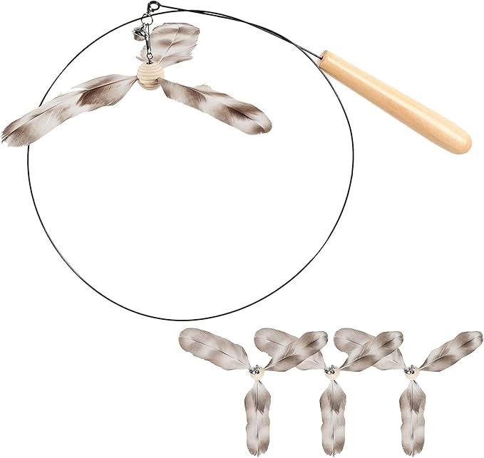 FUKUMARU Cat Wand Toy, 35.5 Inch Cat Feather Propeller Toy with Bell, Steel Wire Cat Toy for Indoor Cats with 4PCS Natural Feather