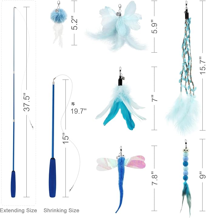 SONGWAY Cat Wand Toys for Indoor Cats - Cat Toy Set with Retractable Teaser Wand and 6 PCS Fairy Feather Toy Refills, Dragonfly Tassel Plush Cat Toys Interactive, Blue