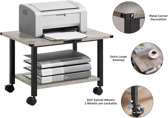 Lerliuo Under Desk Printer Stand, 2-Tier Industrial Mobile Printer Table with Storage Shelf and Steel Frame, Rolling Printer Cart Holder with Lockable Wheels for Home, Office (Grey)