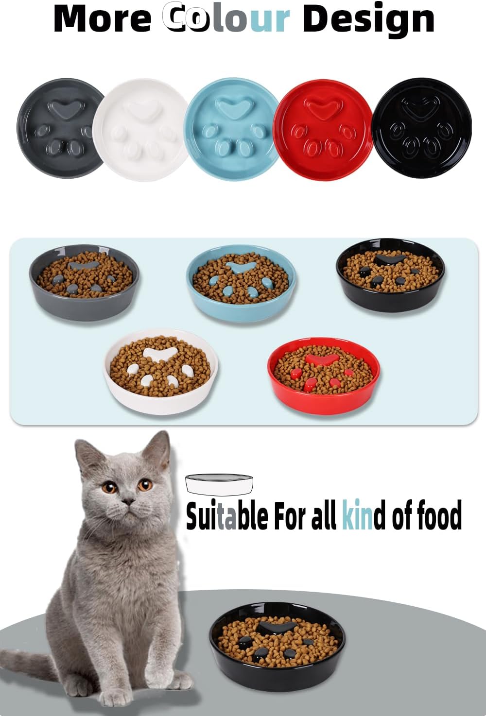 Slow Feeder Cat Bowls, Ceramic Fun Slow Eater Bowl for Cats (Black)