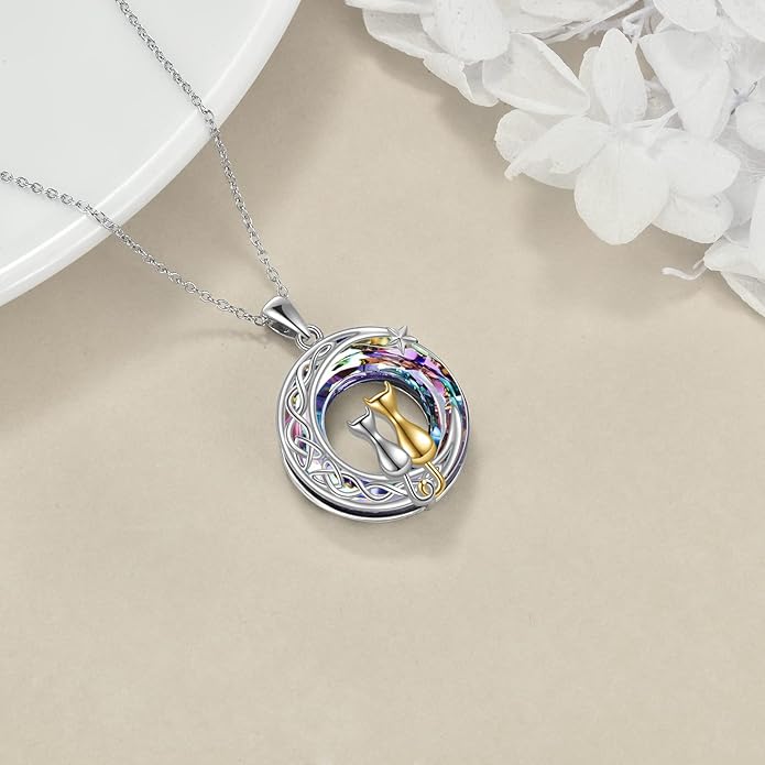 925 Sterling Silver Moon Black Cat Necklace for Women - Tree of Life Jewelry with Abalone Stone - Cat Lover Birthday Gift